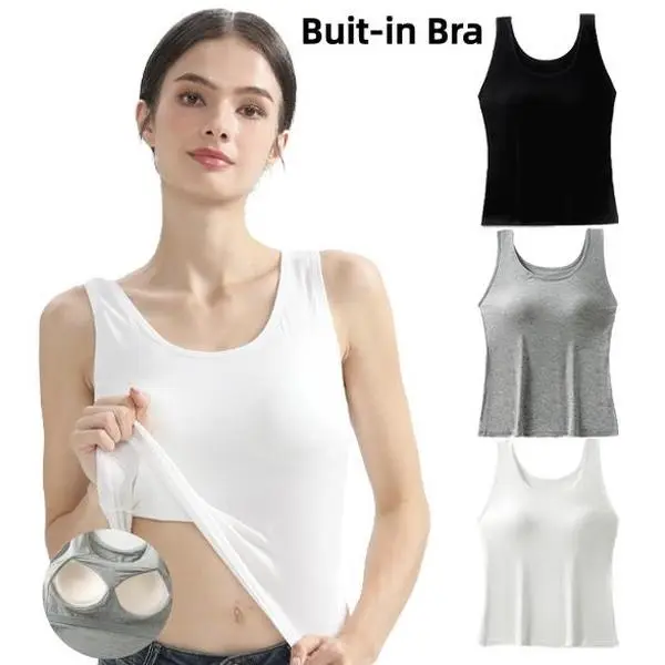 QETLAN Women's 3-Pack Fitted U-Neck Camisoles with Built-in Padded Bra - Lightweight, Breathable, Stretch Tank Tops for Everyday Summer, Casual Basic Womenswear with No Bulky Feel