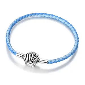 MULA Blue Leather Shell Bracelet with Silver-plated and Cubic Zirconia Clasp - For Pandora Charm Base, Ideal Ocean Style Gift for Women, Girls, Teens in Summer