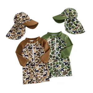Toddler Baby Boy Rash Guard Swimsuit with Hat 2 Pcs Set Camouflage Half Zip Up Long Sleeve Swimwears 0-3 Years