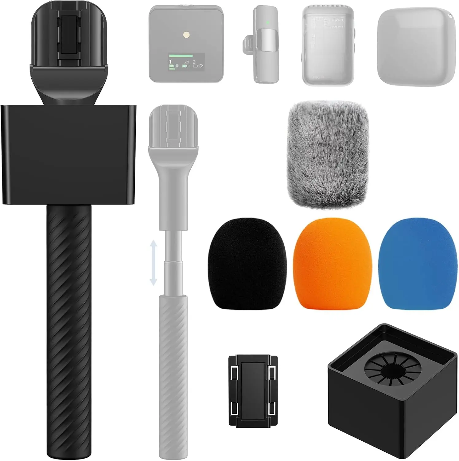 Wireless Mic Handle Compatible with DJI, RODE, Hollyland, Adjustable length Microphone Stand for ALL Lavalier Mic, Channel Flag Box, Rubber Grip, Wind Muff for Vlog, Reports, Interview, TP40Gift.