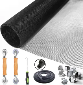 Window Screen Door Repair/Replacement Kit, Include Black Screen Mesh 48"x118"+ 2 Roller+50Ft Spline+8Clips+Hook, 6 in 1 Window Mesh Kit, Steel/Nylon Bearing Roller