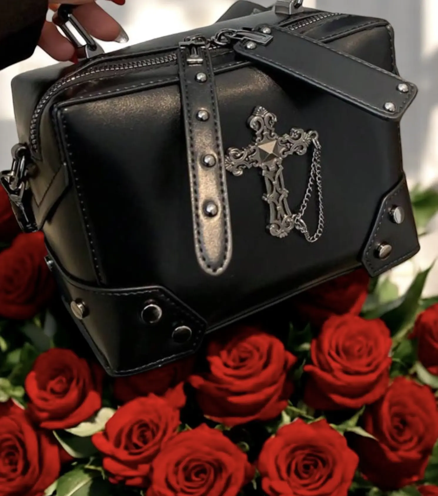 Black Punk Rock Cross Handbag with Studded Design and Chain Accents for Edgy Style Gothic Look Versatile for Outings Parties or Makeup Bag