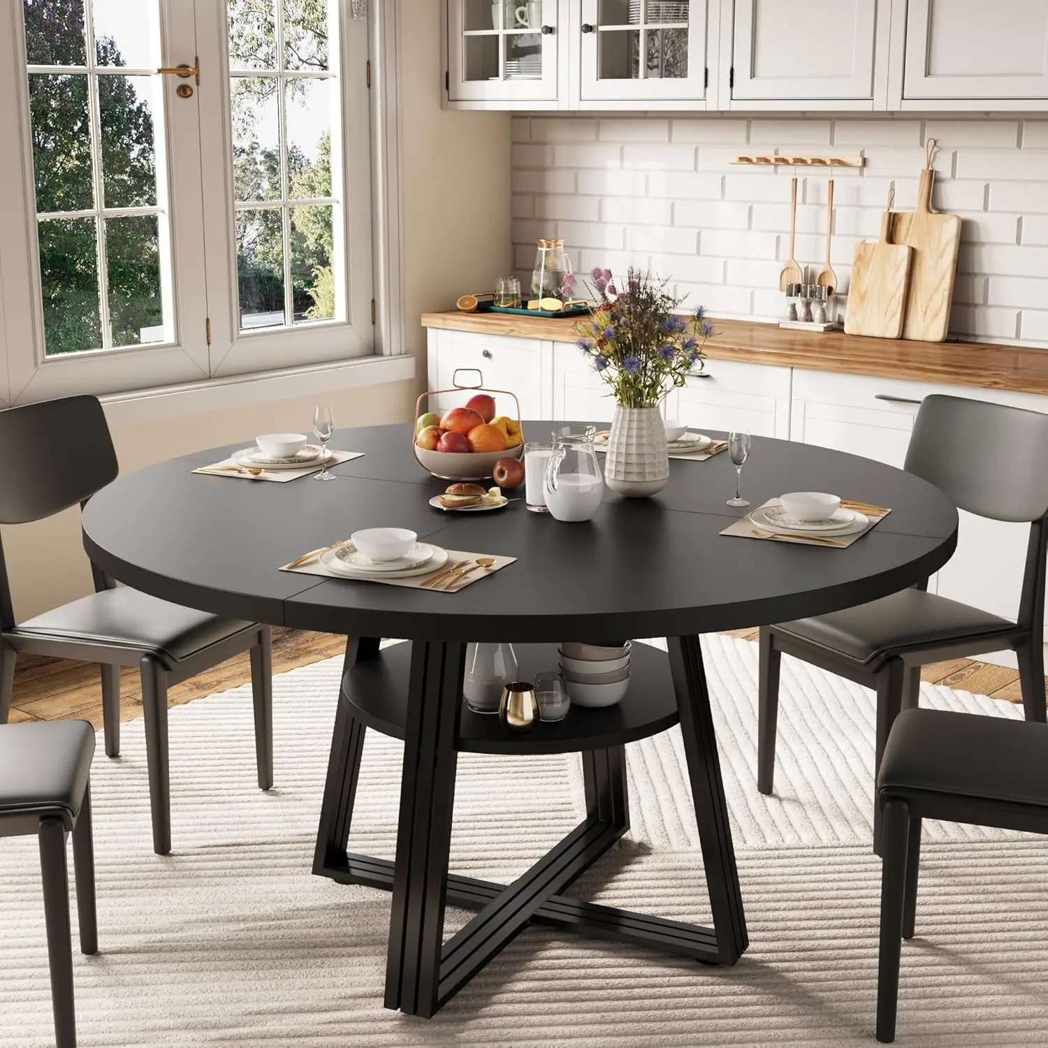 Round Dining Table for 4 to 6 47.2 inch Farmhouse Kitchen Table with Storage Circle Dinner Tables for Kitchen Dining Room Living Room/Meeting Room/Apartment Black