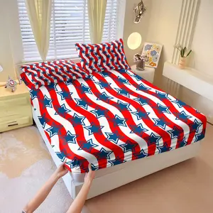 3Pcs 4th of July Patriotic Wavy Stars Stripes Fitted Sheet Set No Fillers, Red White Blue American Flag Bed Sheet Set, Patriotic Style Bedding Set with Pillowcases, Deep Pocket Bedding for Adults Teens Bedroom Dorm Independence Day Decor