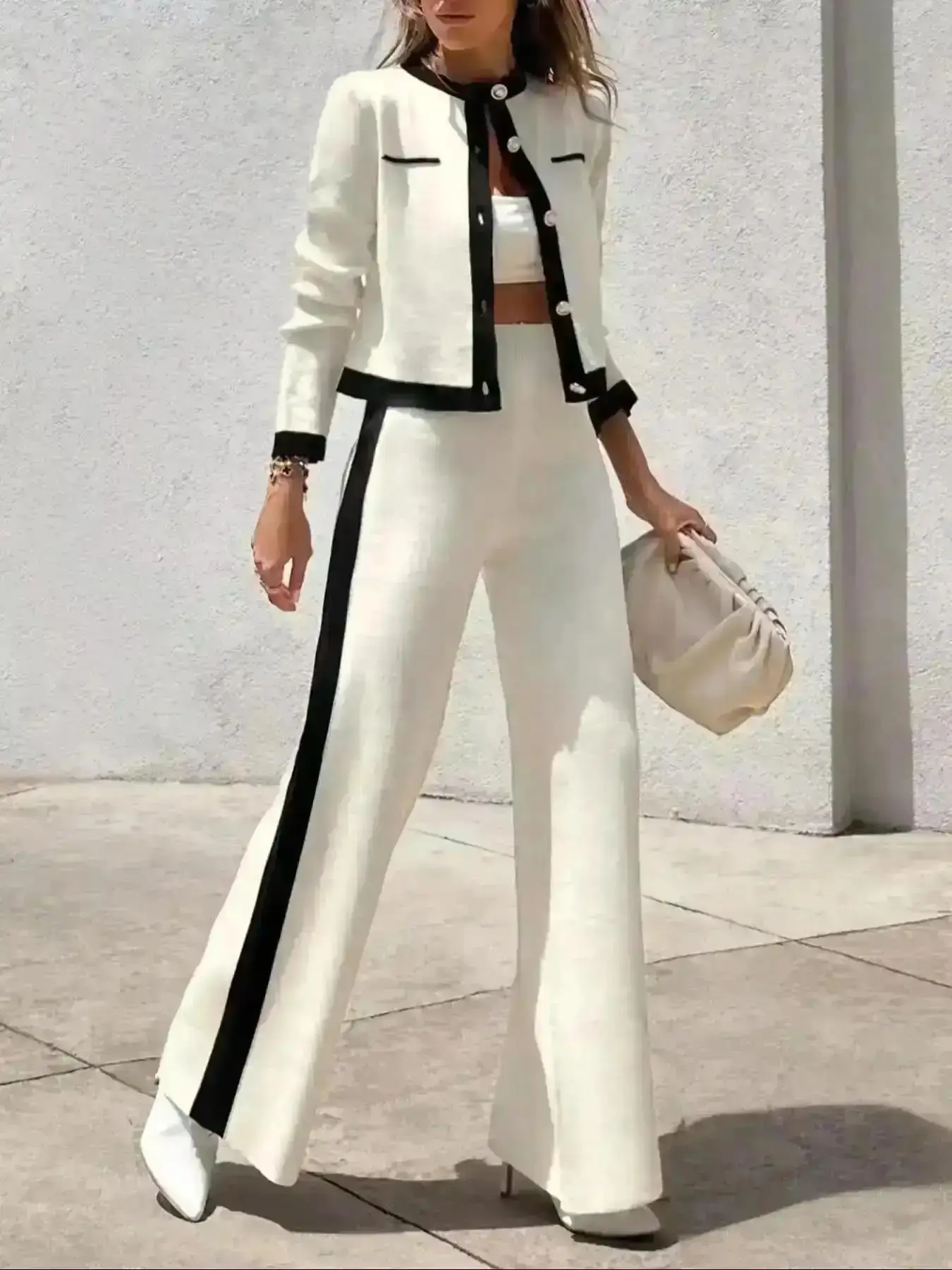 2026 Women's Contrast Binding Button Front Sweater Coat & Straight Leg Pants Two-piece Set, Casual Long Sleeve Round Neck Top & Trousers 2 Piece Set for Fall & Winter, 2 Piece Sets Women