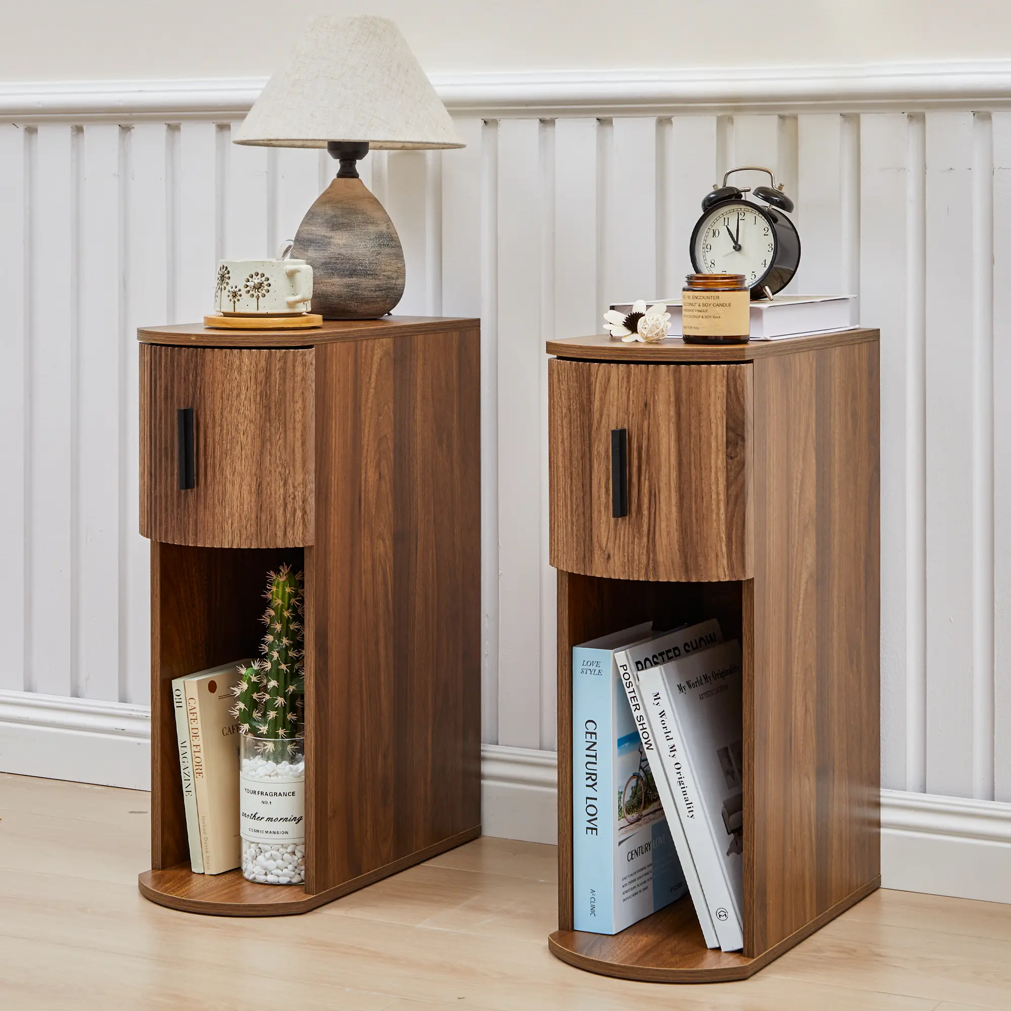 FurSch Walnut Slim Nightstand Set of 2, Mid-Century Curved Bedside Cabinets with Drawer & Book Storage for Apartments, Bedrooms, Cozy Spaces, Small Spaces