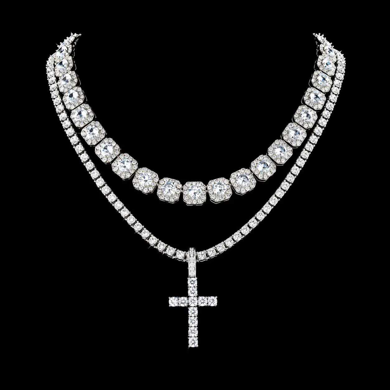 Hip Hop Square Tennis Chain Two-Piece Set, Square Cubic Zirconia Necklace with Cross Pendant Hip Hop Necklace, Two-Layer Sparkling Jewelry Set for Men and Women