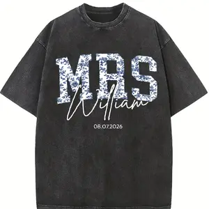 Custom Mrs. Shirt, Blue Toile Bridal Party Tee, Custom Future Mrs Shirt, Personalized Future Bride Shirt with Last Name, Engagement Shirt