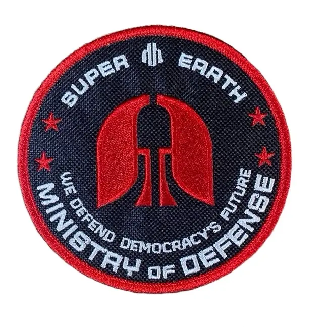 4-in Defend Democracy Embroidered Patch with Iconic Red Helmet Insignia - Satirical Tactical Accessory for Helldivers Fans, Iron-On/Sew-On/Hook Backing for Jackets, Bags