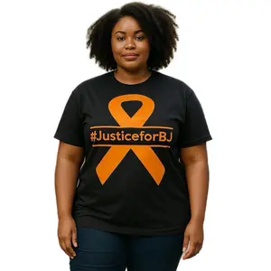 Commemorative JusticeforBJ Shirt with Orange Ribbon Design Tee for Awareness Machine Washable Bold Statement Tee Black Color with Orange Vinyl Letters and Ribbon Design