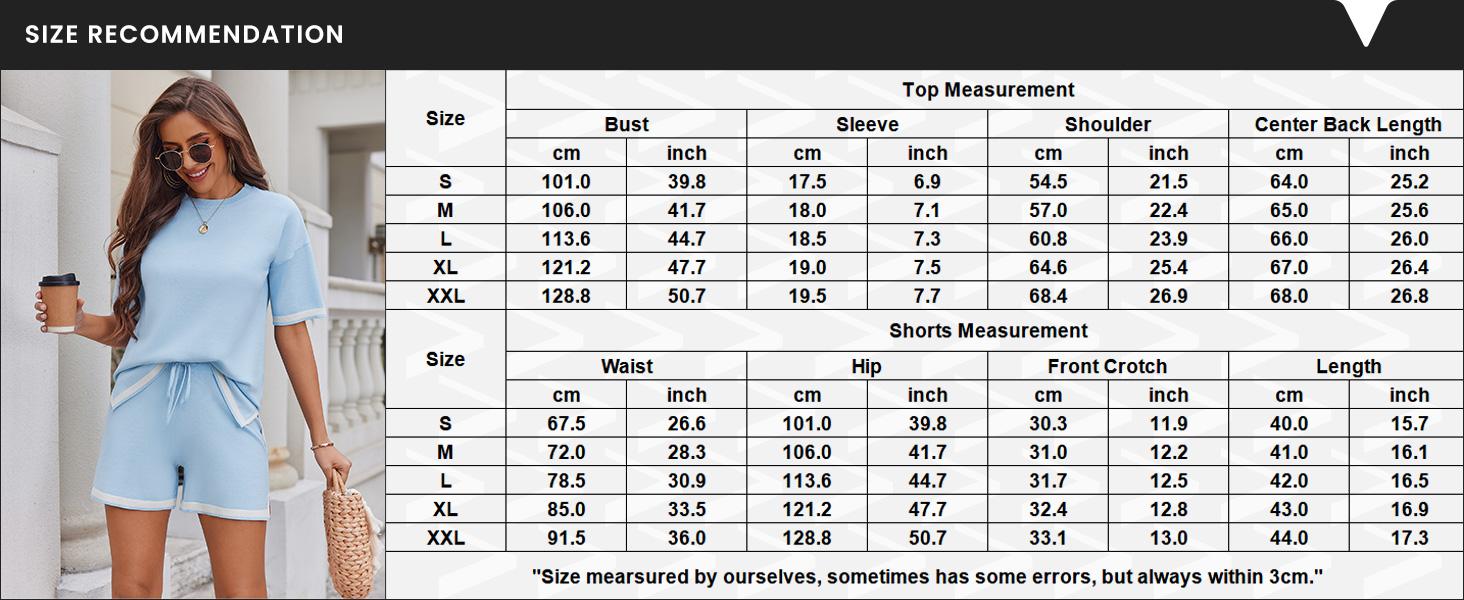 Ekouaer women's 2-piece knitted round neck short sleeved top with drawstring shorts set, 2-piece casual home wear