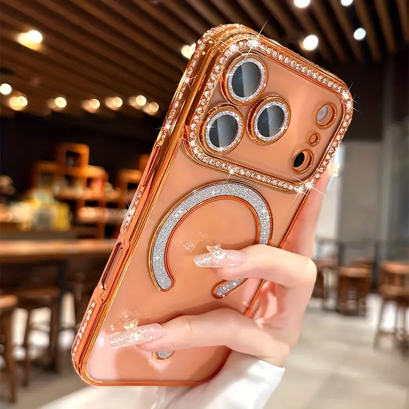 Luxury rhinestone phone case for iPhone 17 Pro Max/17 Pro/17 Air/17, magnetic wireless charging transparent protective case with lens protector, rhinestone design, durable TPU protector, Casing, Cover