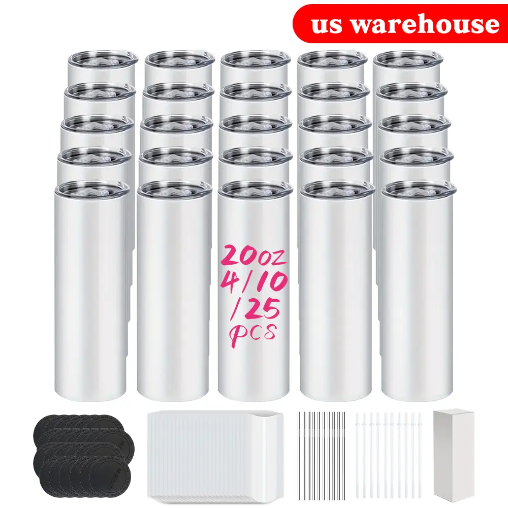 Sublimation Blank 20oz Insulated Stainless Steel Tumbler Cups (2/4/10/25 Pack) - Leak-Proof Vacuum Flask, Double-Wall Straight Shape Container, Plastic Lid, Metal Straw, Shrink Wrap, Gift Box, Portable Drinkware