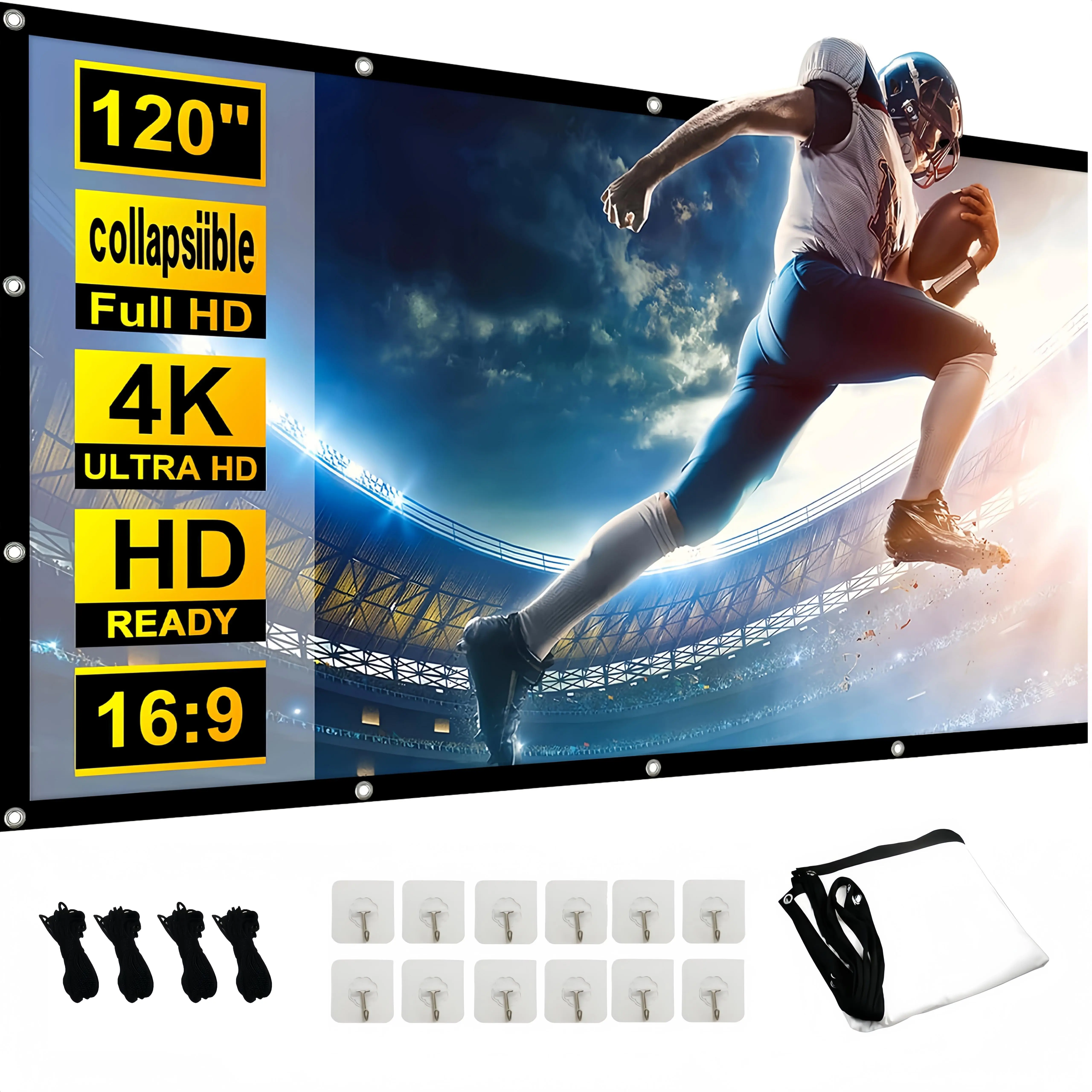 Portable Collapsible Projection Screen - 16:9 Aspect Ratio, Black Backing, Anti-Crease, 100-inch/120-inch Sizes, 2 Ropes, Ambient Light-Absorbing, Crisp Vibrant Images, Home Theater/Camping Use, Household Appliance Accessory