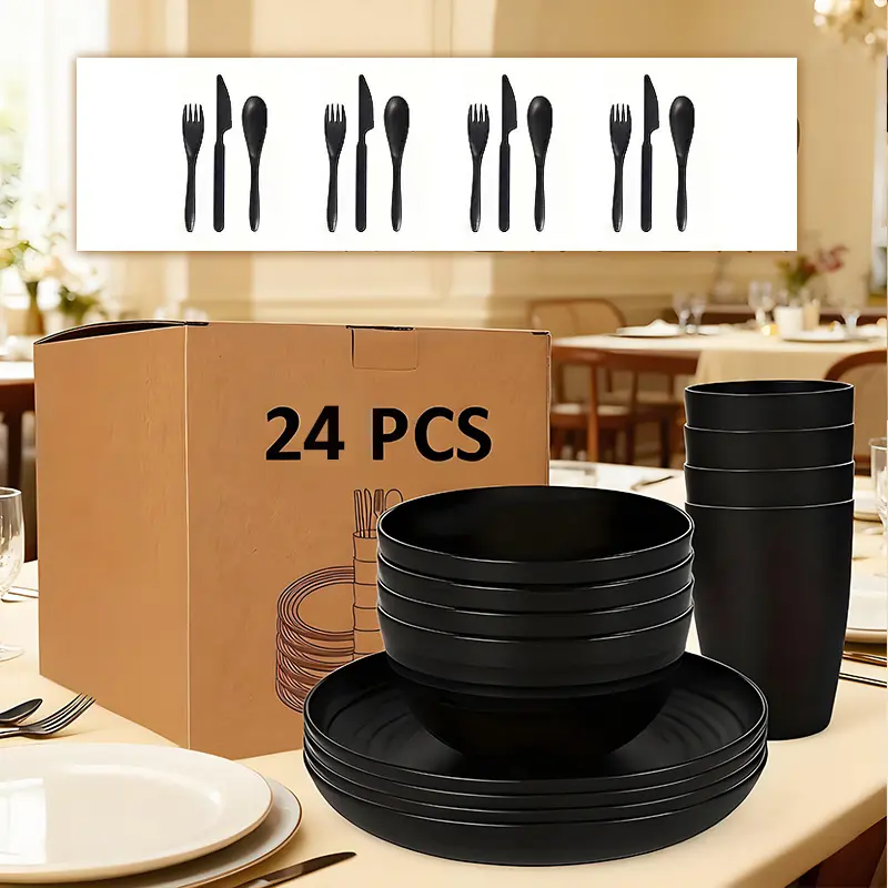 24pc Modern Plain Tableware Set with Cutlery - PP Environmentally Friendly, Lightweight Unbreakable Disposable Plates/Bowls, BPA-Free, Microwave/Dishwasher Safe, Ideal for Camping & Outdoor Dining