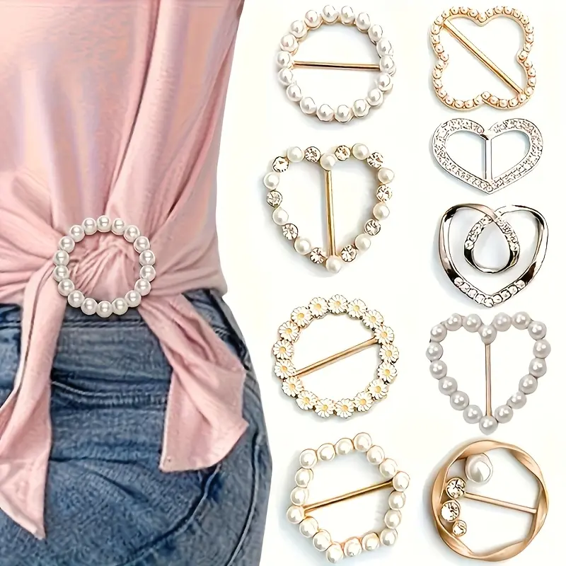 Women's 8pcs Alloy Brooch Pin & T-Shirt Clip Set, Elegant Rhinestone Geometric Hollow Design for Daily Fabric Attachment, Elegant, Vintage, Minimalist, Sweet, Luxury, Female, Scarf Ring, Shirt Tie Clip, Waist Buckle