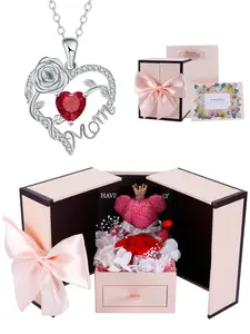Rose Heart Mom Birthstone Necklace With Bear Rose Jewelry Gift Box, I Love You Mom Necklace, Mother's Day Christmas Gifts Jewelry for Grandmother Women Wife,Gifts For Women, Heart Design Necklace