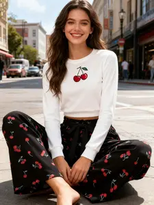 Women's Plus Size Black Cherry Print Straight Pants Mid-East Random Floral Pattern Elastic Waistband Water-Washable All-Season Casual Formal Trousers Cherry Print Design Outfit Elegance Bottom Womenswear