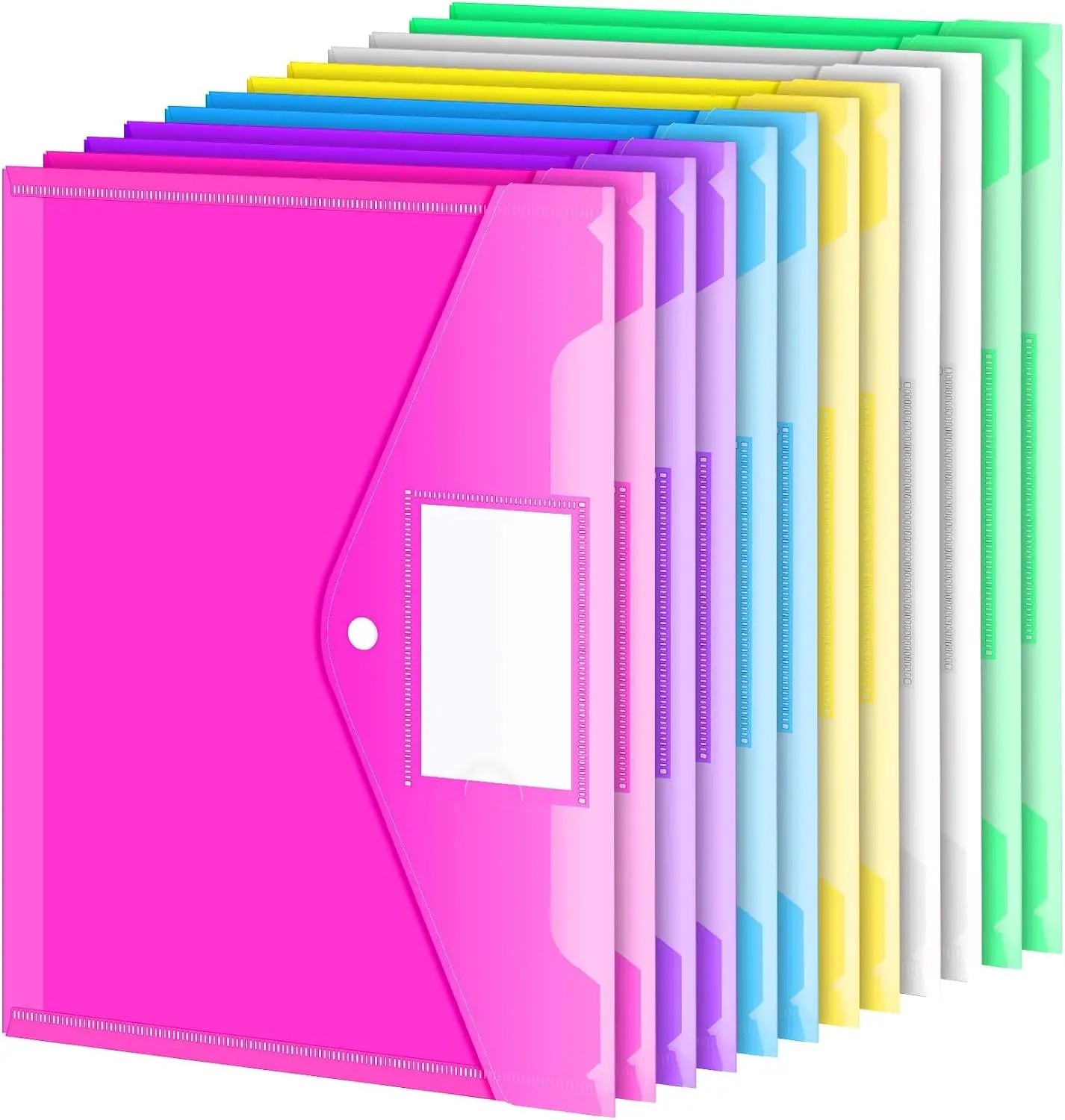 12 Pack Folders Plastic Envelopes, Clear Plastic File Folder for Document, Letter A4 Size Poly File Envelopes with Label Pocket, Snap Button for Home