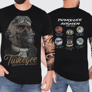 Tuskegee American Heroes 2 Sides T-shirt, Tuskegee Airmen Red Tails World War 2 Commemorative Tee Shirt, Men's Streetwear Tops with Graphic Design Casual