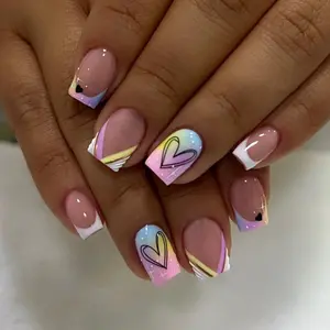 Heart & Gradient Pattern Fake Nail, 24pcs/set Short Square Press on Nails with Nail File & Tape, Removable Nail Art Artificial Full Cover