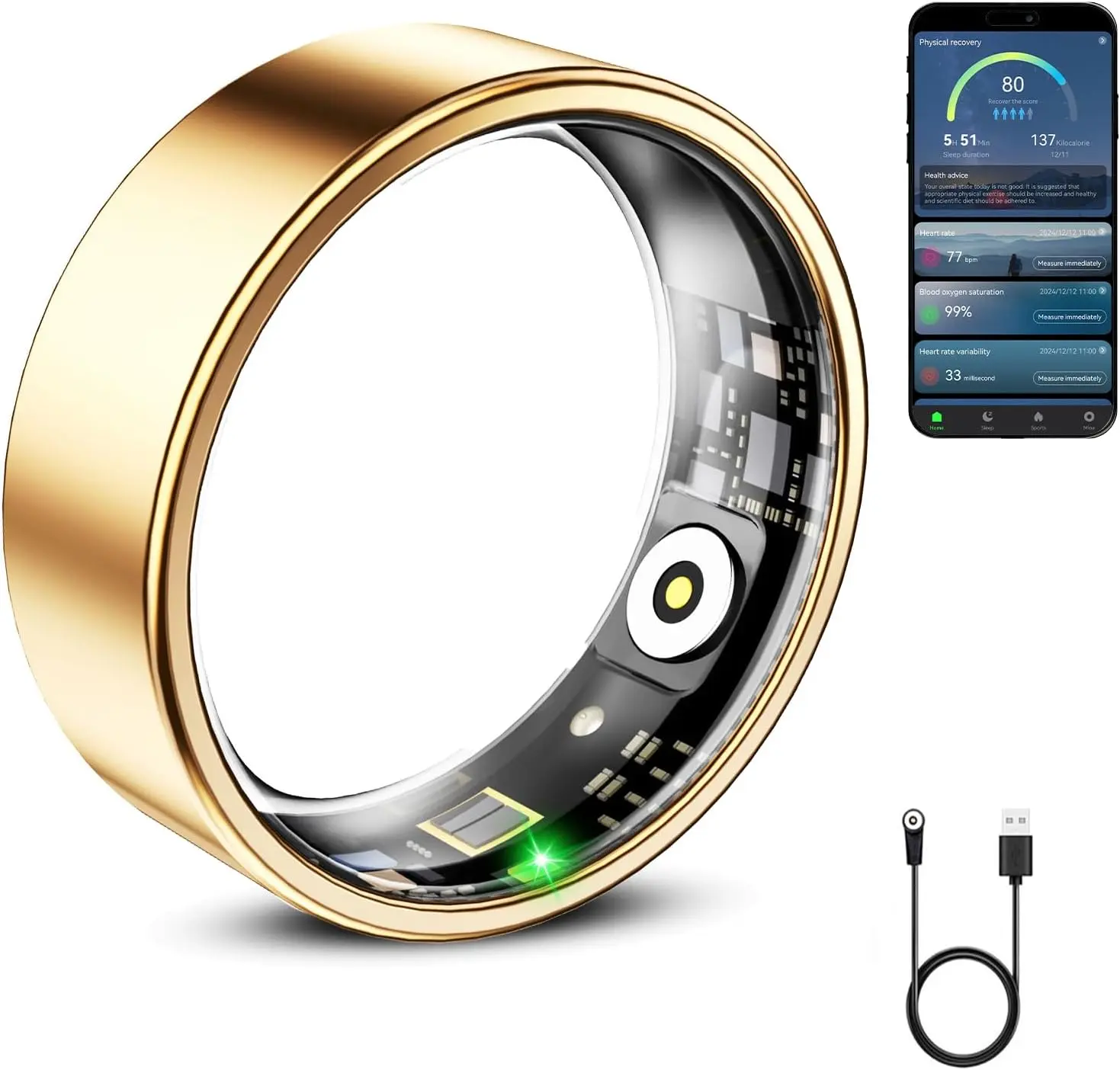 Mirlray Smart Wearable Ring Health Fitness Tracker - Blood Oxygen & Blood Pressure Tracking, Heart Rate Monitor, Sleep Monitoring, Magnetic Charging, Long-Lasting Battery, Waterproof, Android Compatible, Gold Size 7 for Adults