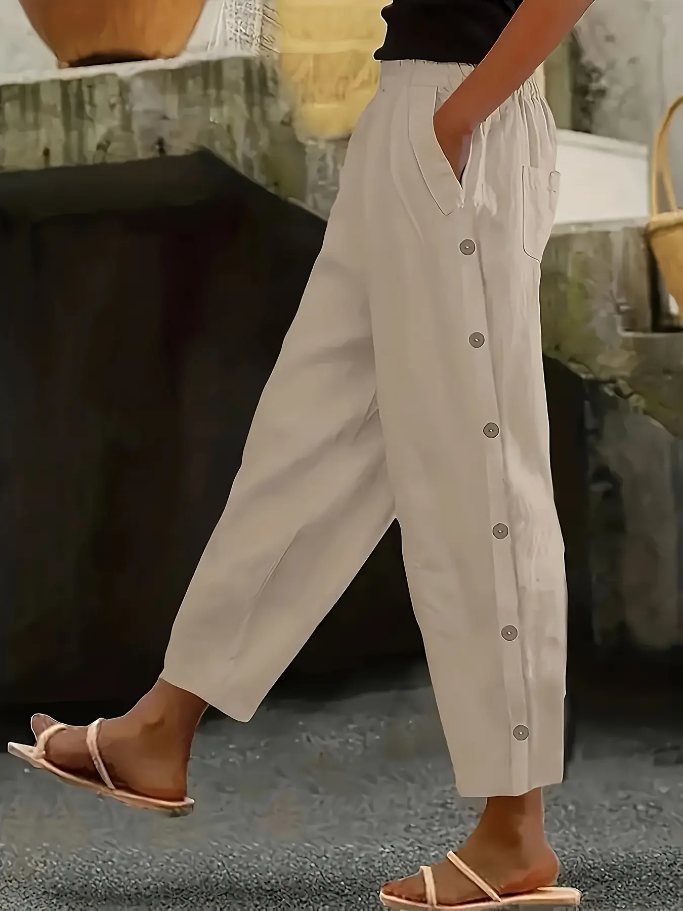 Popular Extended Pocket Casual Button Decorative Trousers