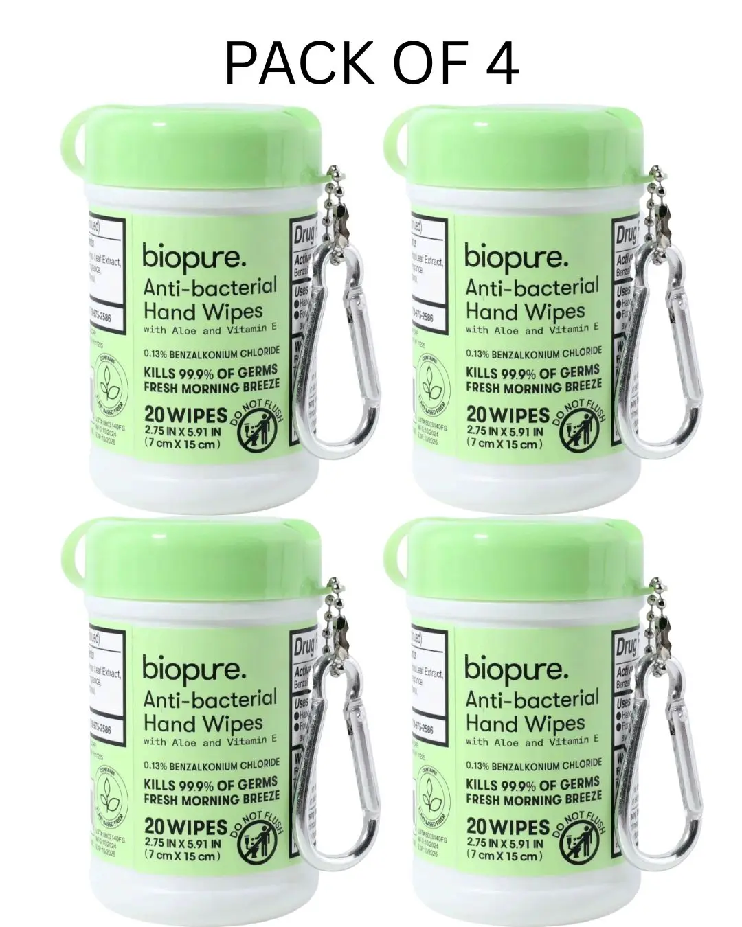 4X Biopure Antibacterial Hand Wipes Fresh Morning Breeze with Aloe & Vitamin E Fresh Scent, 20 wipes/keychain, kills 99.9% of germs, Pack of 4, Hand Sanitizer Wipes, Travel Size