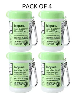 4 Biopure Antibacterial Hand Wipes Fresh Morning Breeze with Aloe & Vitamin E Fresh Scent, 20 wipes/keychain, kills 99.9% of germs, Pack of 4, Hand Sanitizer Wipes, Travel Size