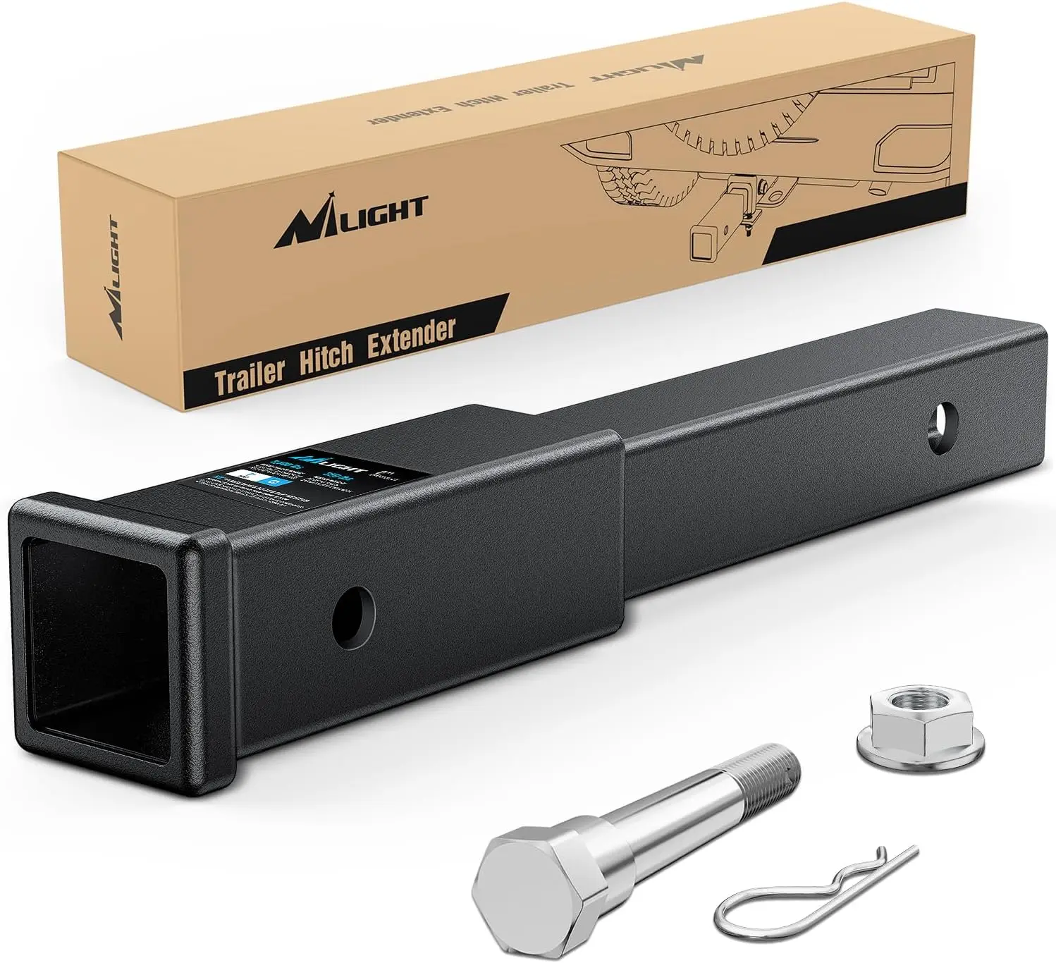 Nilight Trailer Hitch Extender - 12 in Clearance Adder, Fits 2 in Receiver Tube & Class 3/4 Hitch Receiver, 5/8 in Stainless Steel Bolt, Flange Nut & Clip, 3500 LBS GTW, Matte Black Finish, Easy Long-Term Outdoor Use Installation