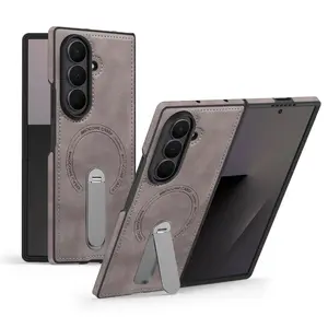 for Samsung Galaxy Z Fold 7, Z Fold 6, Z Fold 5, Z Fold 4, Z Fold 3 Protective Case Leather Smartphone Casing, Wireless Cellphone Casing [Compatible with Magsafe Wireless Charging] Magnetic Cover Stand Rugged Shockproof Protector Gray