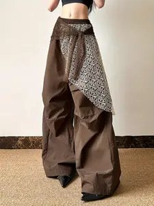 Streetwear Pleated Pants |   Two-in-One Drop Crotch Trousers, Y2K Cyberpunk Baggy Jeans with Hem, Casual Wide Leg Lounge Pants Women