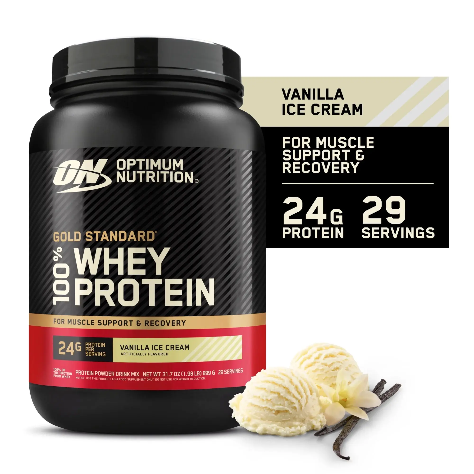OPTIMUM NUTRITION Gold Standard 100% Whey Protein Powder - 1 Bottle Premium Blended Lean Isolate, Instant Mix Fitness Supplement for All Ages, Vanilla Ice Cream Flavor, 24g Per Serving, 29 Servings, Metabolism Support, Water & Sucralose-Free Lean Protein,