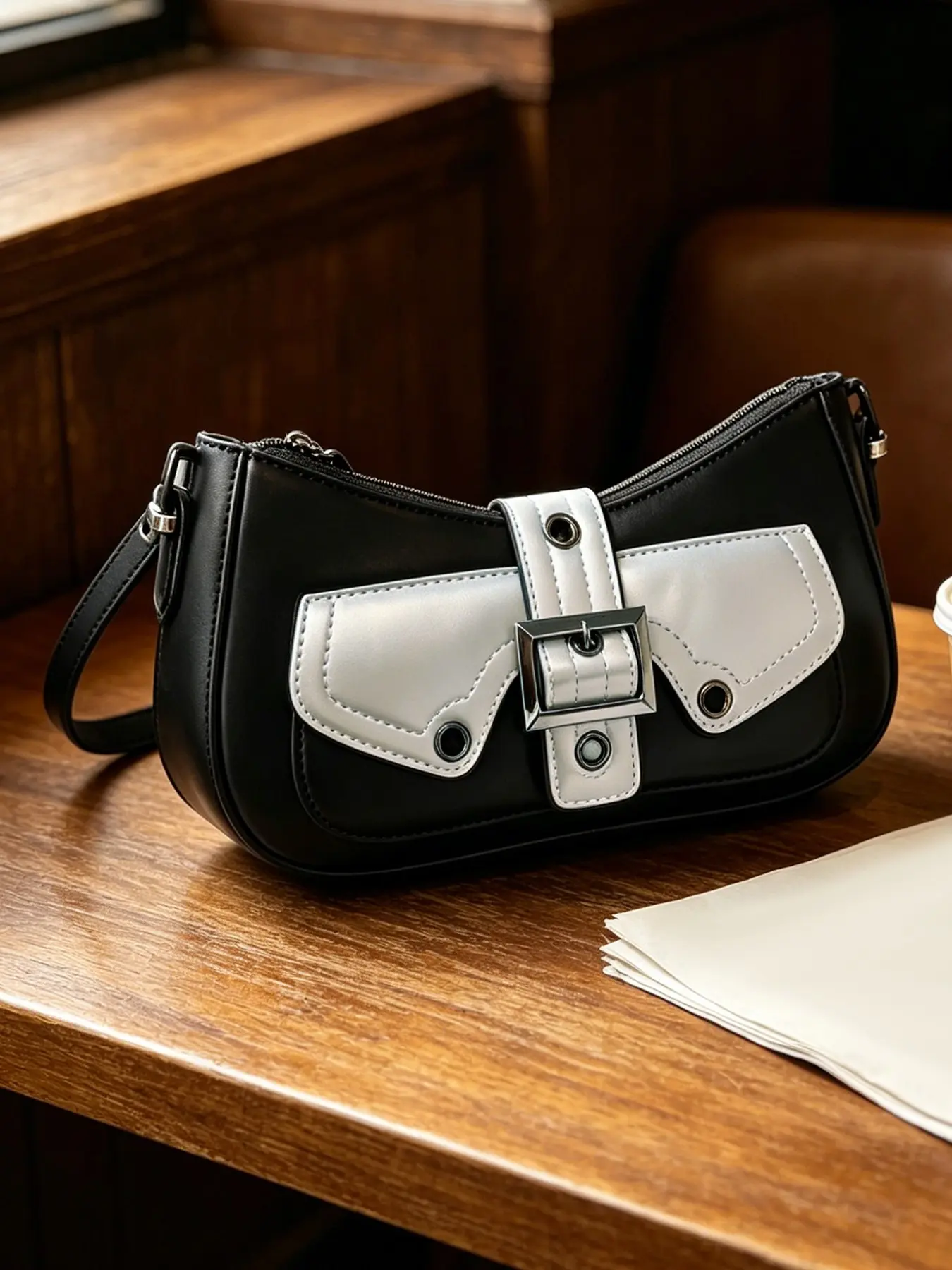 Niche retro patent leather baguette bag, simple metal buckle one-shoulder underarm bag, versatile commuting essential, urban style small square bag, Casual handbag satchel, Stylish crossbody, Crossbody Bags