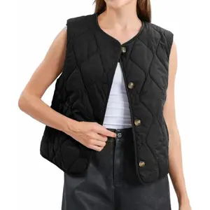 Women's Solid Button Puffer Vest Lightweight Quilted Padded Gilet with V-Neckline & Slanted Pockets for Everyday Casual Wear Clothing Fit
