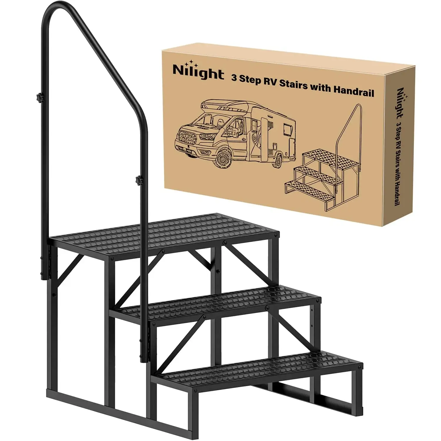 Nilight 3-Step RV Metal Steps Stepladder with Handrail - Heavy Duty Stepladders, Portable Folding Multi-Use Iron Ladder for RV Home Improvement Building Supplies, Ladder Stepladders