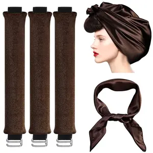 4PCS Heatless Curling Rod Set with Satin Hair Scarf, Soft No Heat Velvet Curlers for Overnight Curls & Natural Waves, Comfortable Sleep-In Hair Styling Kit for Long & Medium Hair
