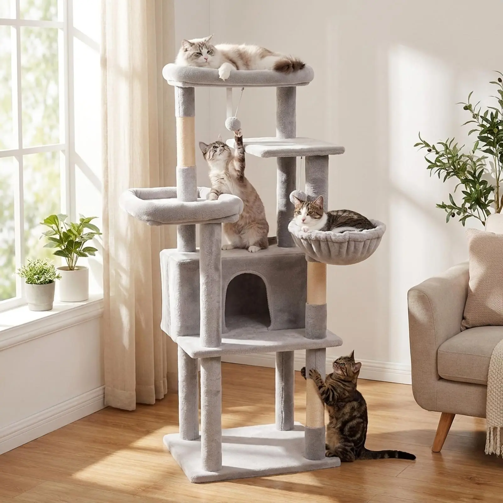 VOWNER Modern 66‘’ Tall Multi-Level Cat Tree - Kitten Scratching Post with Natural Sisal Scratcher, Vertical Scratcher, Anti-Tip Strap, Durable Space Saver Indoor Pet Furniture for Claw Sharpening, Cat Owner Gift