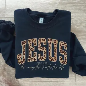 Christian Jesus Sweatshirt, Cheetah Print Bible Verse Sweatshirt, Trendy Faith Apparel Gift, Jesus Loves You, The Way The Truth The Life