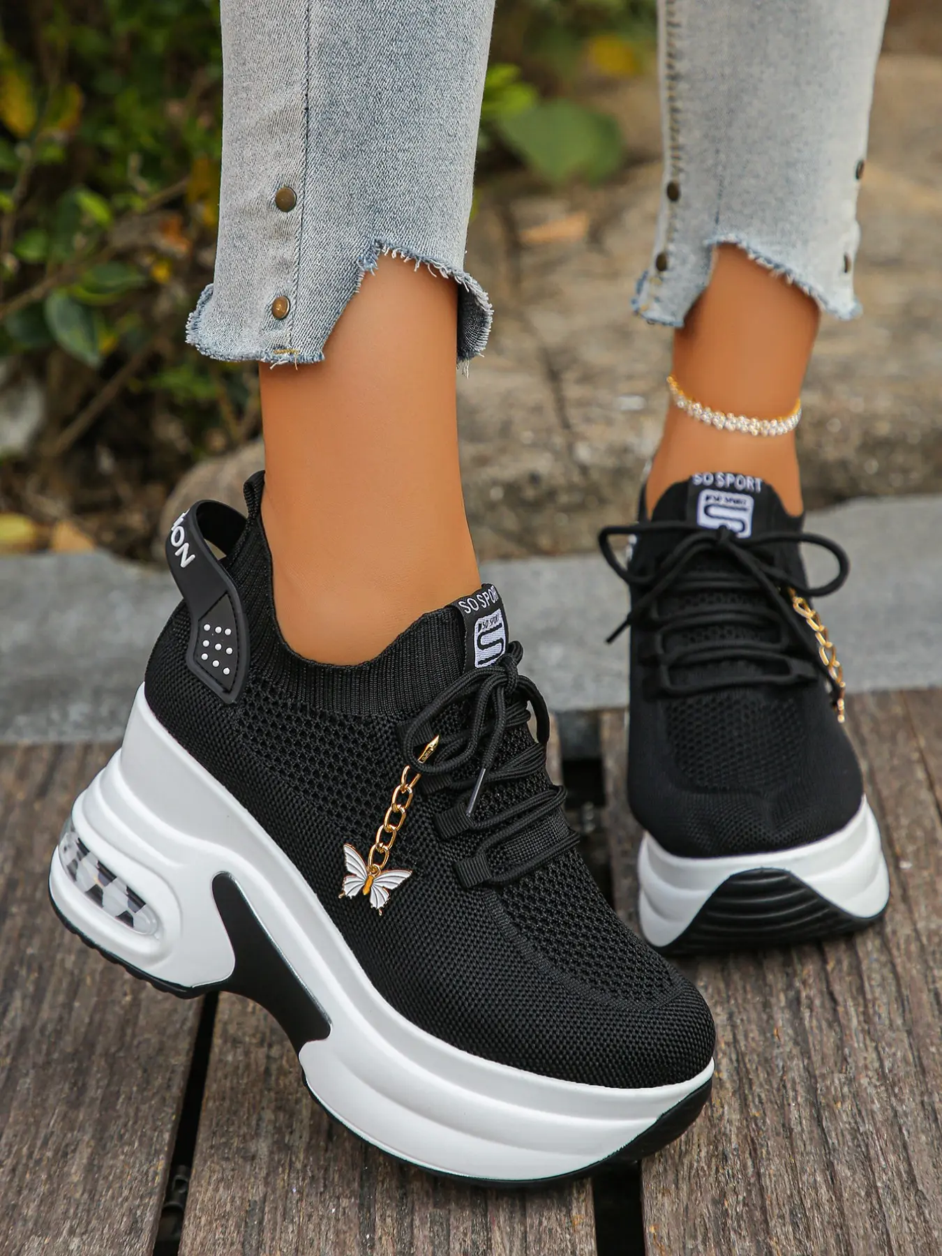 🦋Unisex Wedge Platform Hidden Heel Sneakers Trainer Lightweight Fashion Breathable Flyknit Hollow Mesh Breathable Lightweight Non-Slip Slip-On Shoes Petite Friendly Elegant All-Match Couple Style Women Wedge Trainers