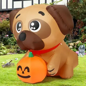 COMIN 5 FT Halloween Inflatables Dog Outdoor Yard Decorations Blow Up Pug Holding Pumpkin with Built-in LEDs for Indoor Party Garden Lawn Decor Ornaments Ornaments
