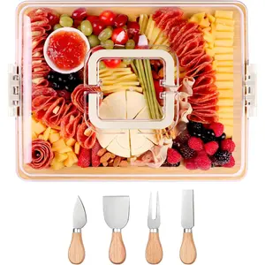 Charcuterie Board with Lid and Handle - Portable Travel Design  Cheese Board Set with 4 Cheese Tools,  for Housewarming, Weddings, Picnics(8 Compartments, White)