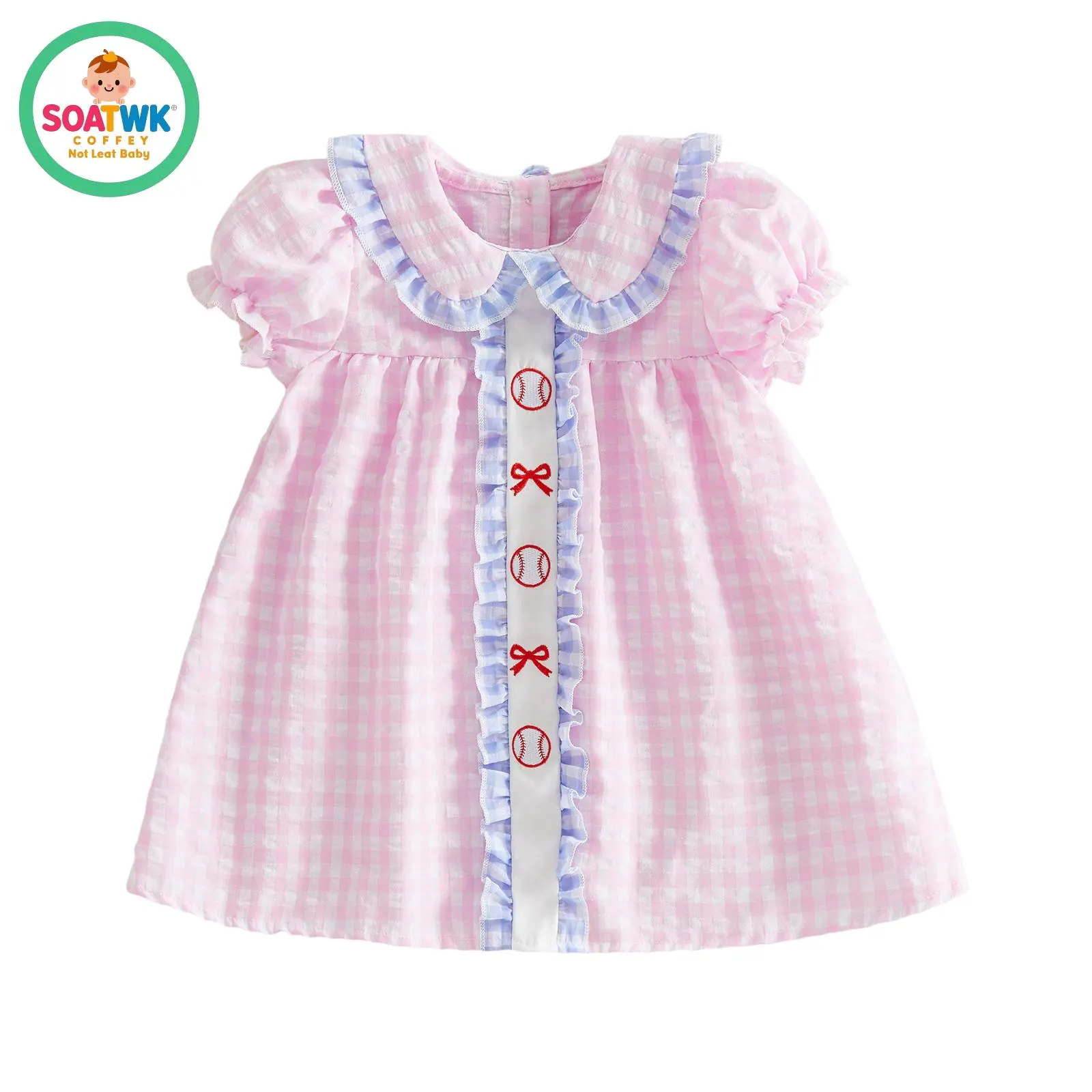 Toddler Baby Girls Plaid Dress Fashionable Doll Collar Baseball Embroidery Short Bubble Sleeve Dress