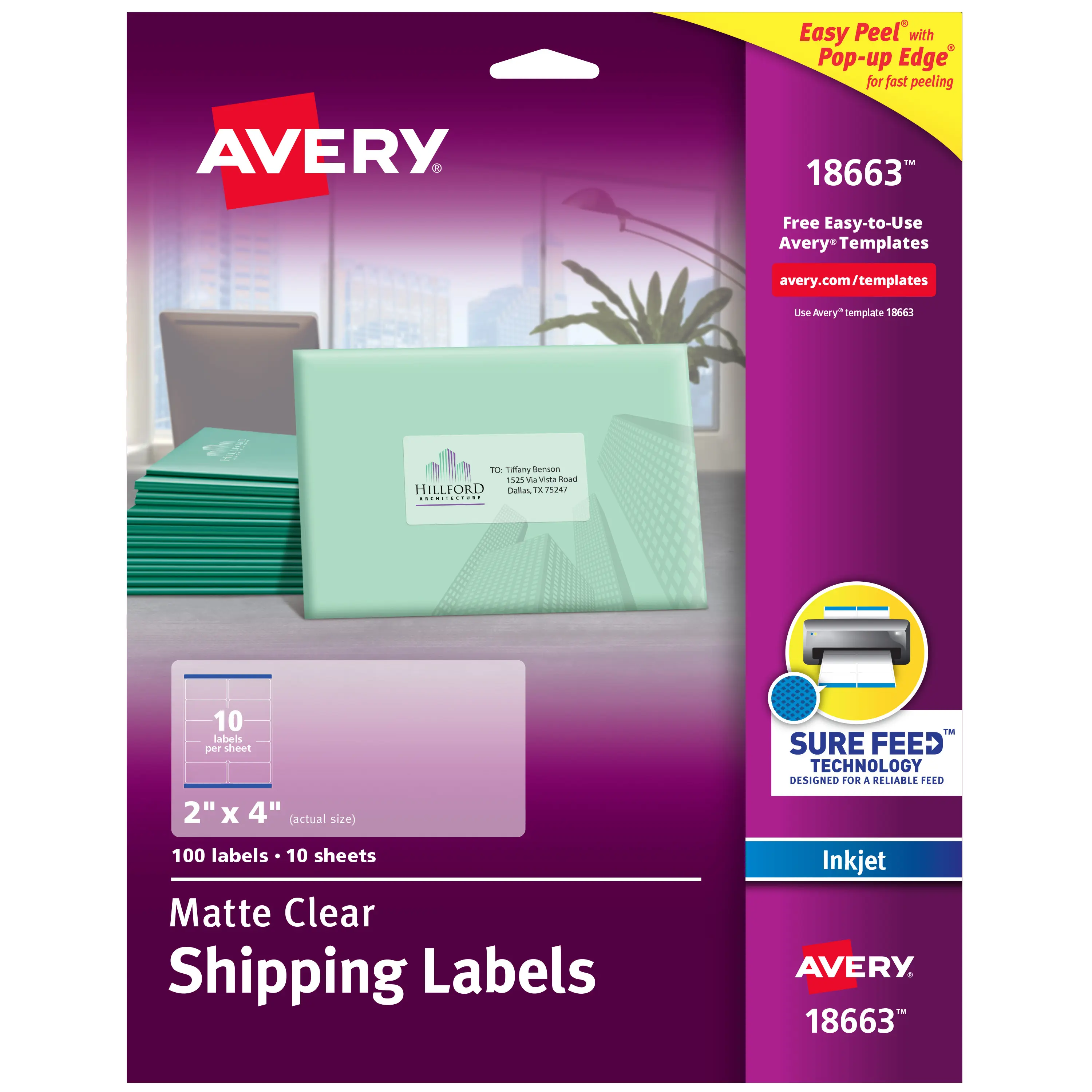 Avery Self-Adhesive Easy Peel Matte Paper Shipping Labels, Sure Feed Technology, Inkjet Compatible, 2" x 4", 100 Labels for Home/Office Ordinary Packaging (18663)