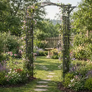 Steel Garden Arch Trellis with Extended Top and Snap-On Assembly, Black