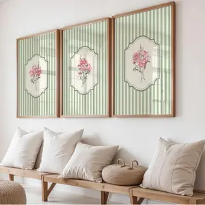 Sage Green Pink Botanical Wall Art Set of 3 Neutral Vintage Striped Floral Prints Preppy Trendy Grandmillennial PRINTABLE Art