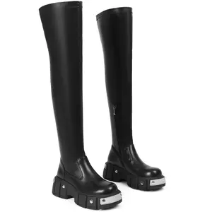 Women's Over The Knee Thigh High Stretchy PU Leather Boots with Low Block Heel & Side Zipper for Stylish Looks