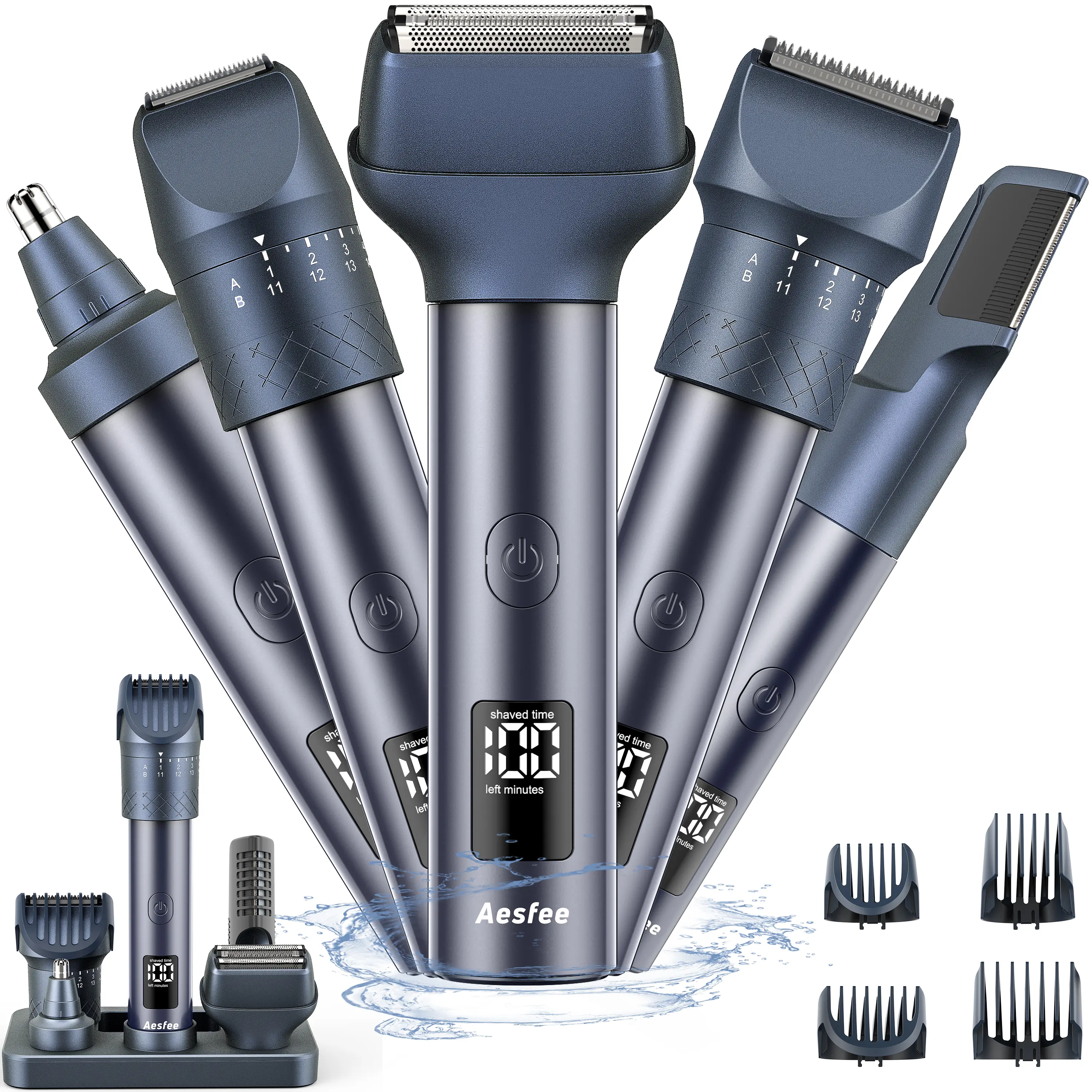 Aesfee Men's Cordless Beard Trimmer Kit - 5-in-1 Hair Clippers and Shavers Set with Body Nose Trimmers, 20-Length Adjustable Dial, USB-C Rechargeable Base for Home Haircut, IPX7 Waterproof Bald Head Facial Grooming Kit