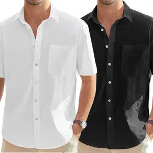 2-PACK Alimens&Gentle Men's Cotton Linen Short Sleeve Shirts Casual Lightweight Button Down Shirts Vacation Beach Summer Tops with Pocket