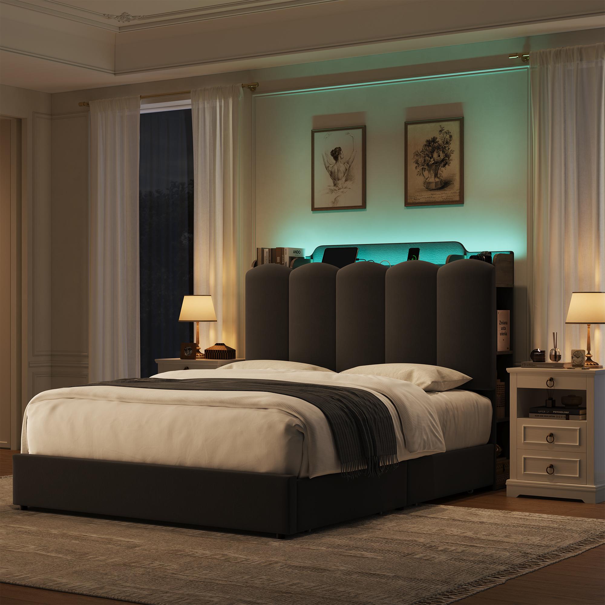 HOSTACK Upholstered Platform Bed Frame (Full Size, No Mattress/Box Spring Needed) - Modern Bedroom & Apartment Furniture with Storage Headboard, LED Lights, Charging Station, Drawers, Shelves, USB & Type-C Outlets, Modern Bedroom Furniture, Platform Bed D